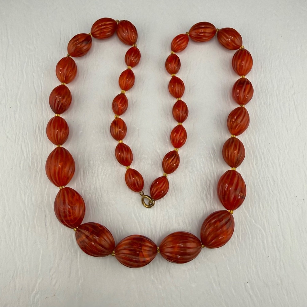 Vintage Estate Beaded Necklace Red Melon Acrylic Graduated 28in